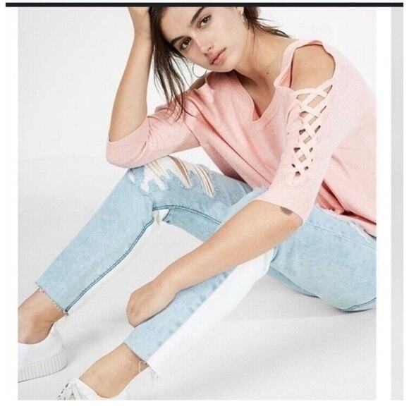 Express Oversized Pink Sweater Ballet Lace Up Sleeve - Picture 3 of 6